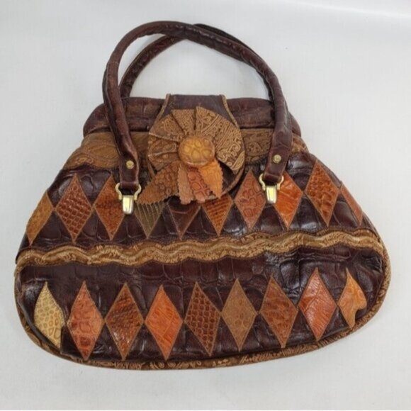 Vintage Leather Patchwork Shoulder Bag Brown Boho Flower Child Festival - Picture 2 of 14